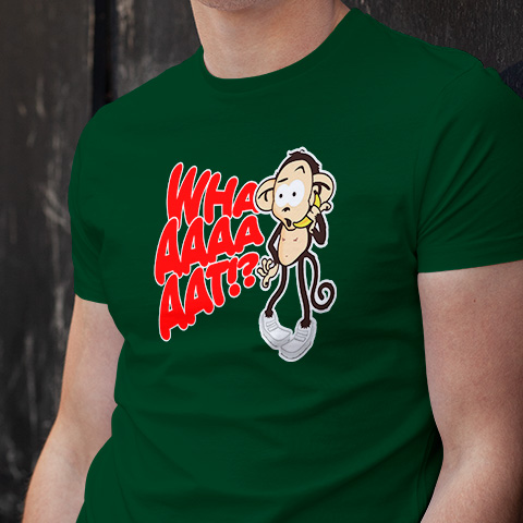 Dieses lustige Comic-Motiv auf dein T-Shirt ist ein Hingucker. Der Affe telefoniert mit einem Bananen-Handy. Whaaaaat?!