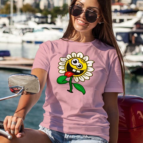 Eine lustige kleine verrückte Blume die einen angrinst und zum lächeln bringt ist ein lustiges Design Motiv für dein T-Shirt