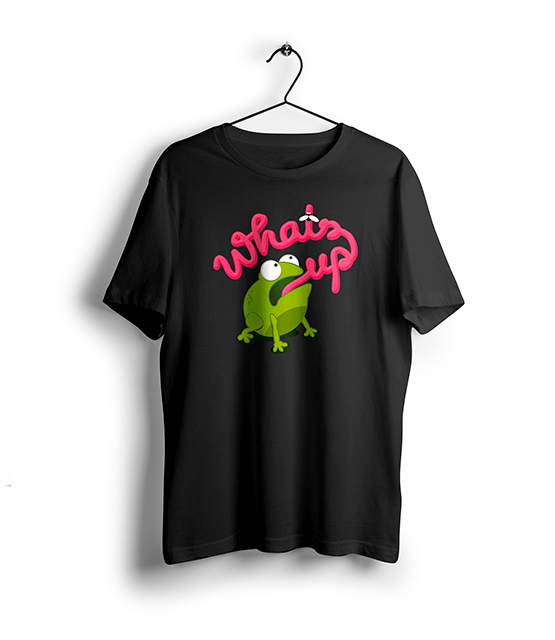 Ein lustiges Comic-Design auf dein T-Shirt mit einem Frosch der eine Fliege fängt. Dabei bildet sich der Spruch What's up?